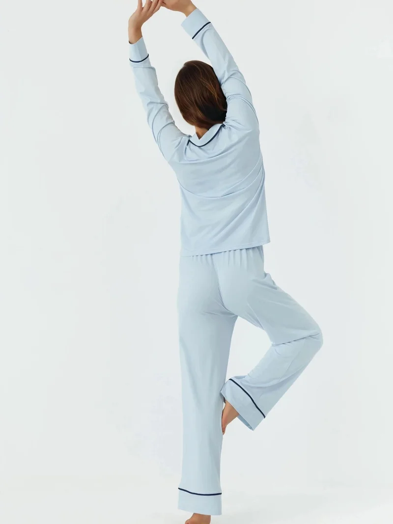 HICCUP Baby Blue Relaxed Fit Long Sleeve Extra Soft Touch Pajama Set with Shirt Collar for Women | Best Price UAE